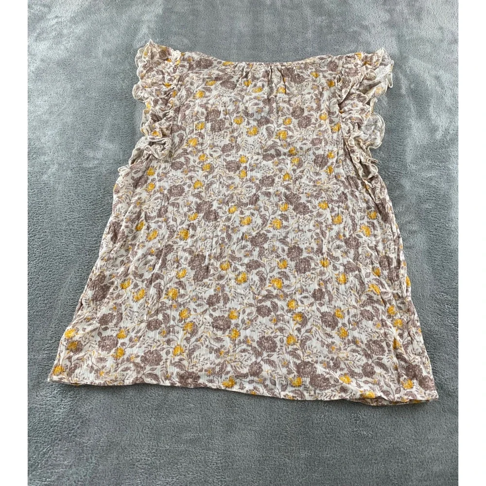 Old Navy Girls Large Floral Gauze Flutter Sleeve Tie Neck Boho Top‎ Cream Brown